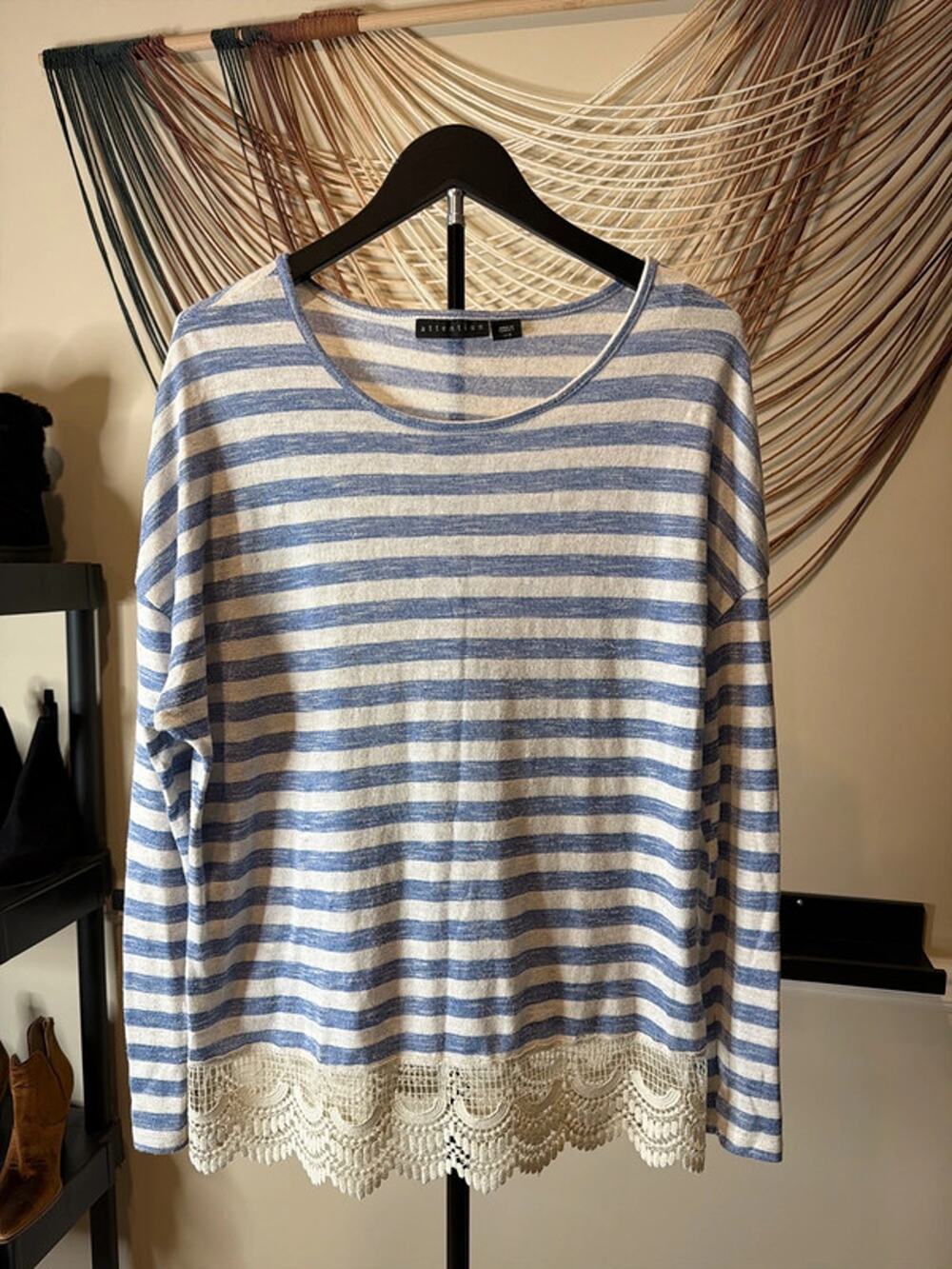 3 for $9 Attention, blue and white stripe top with crochet L 3020